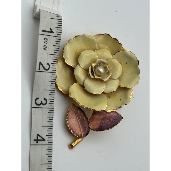 Vintage Yellow Flower Enamel Brooch Gold Tone Pin & Clip On Earrings Set - Picture 4 of 10